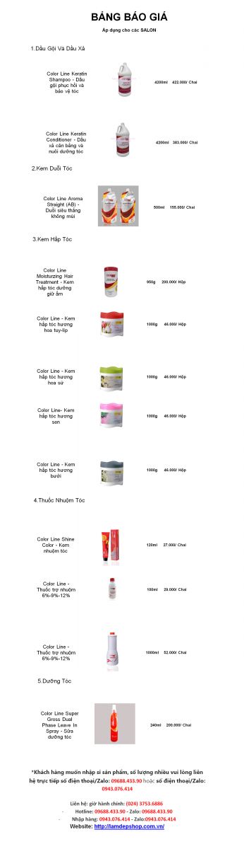 Bảng giá bán sỉ Đai lý và Salon Mỹ Phẩm Chăm Sóc Tóc ColourLine